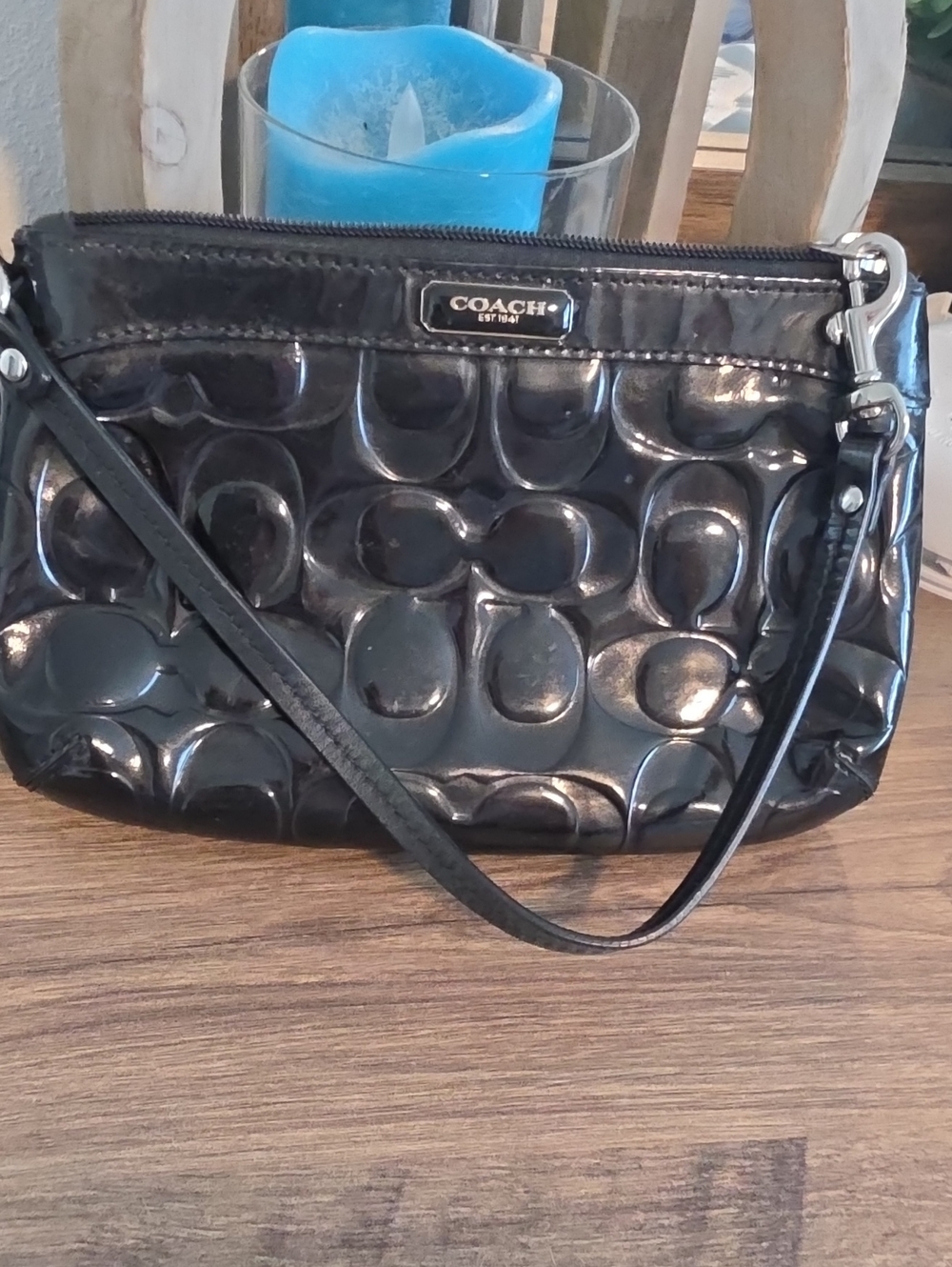 COACH Black Patent Signature Wristlet with Detachable Strap
